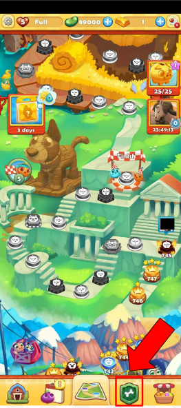 Main Map in Farm Heroes Saga. The Teams button is highlighted. It's a green emblem and it's located at the bottom events bar