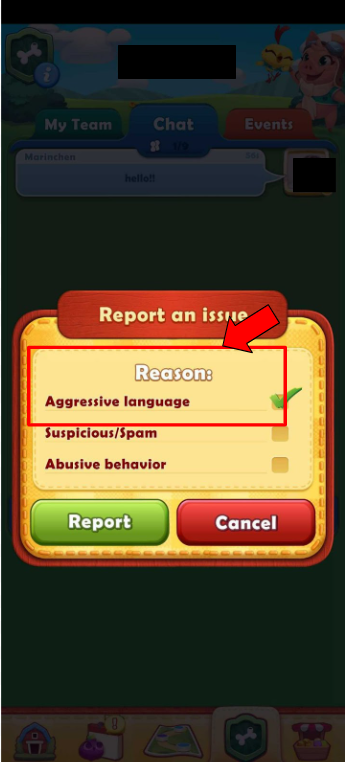 Report abuse screen. You can add the reason for reporting (suspicious/spam, aggressive language, abusive behavior). Then, we have a green report button and a red cancel button