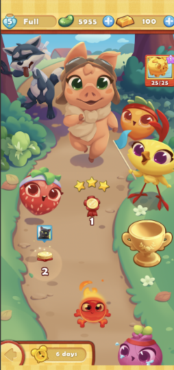 The Farm Field Race in Farm Heroes Saga. Amelia is running surrounded by cropsies, and Rancid is leaning on a tree behind her, looking exhausted
