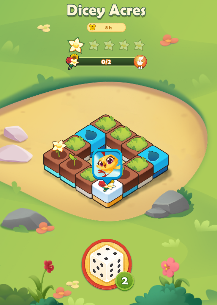 Dobbelwei in Farm Heroes Saga. Spelscherm getiteld "Dobbelwei" met een raster met een bloem, Choo-Choo, ons kuikenpersonage, en een dobbelsteenknop met twee worpen over.