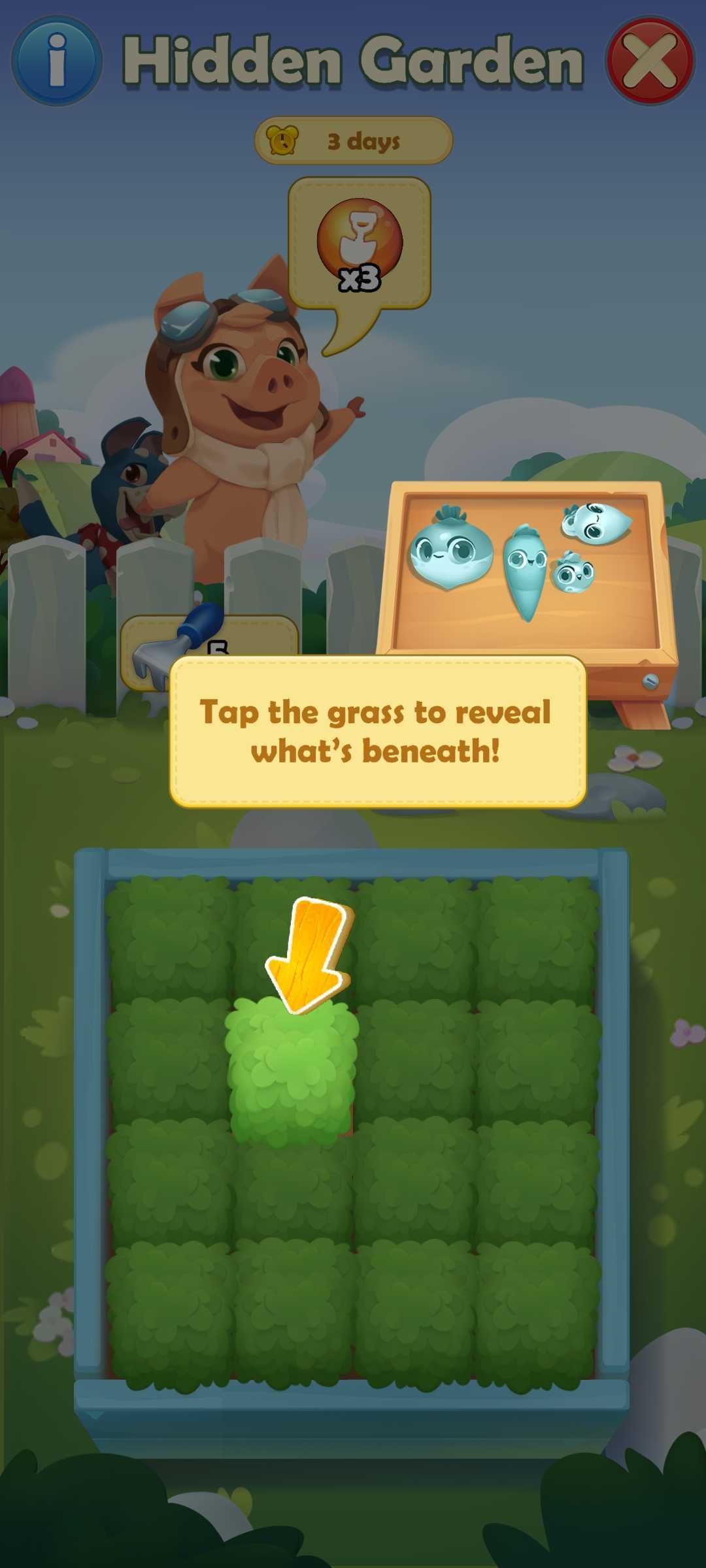 Layar Farm Heroes Saga berjudul “Hidden Garden” menunjukkan Amelia di samping timer 3 hari dan 3 ikon sekop. Sebuah prompt berbunyi “Ketuk rumput untuk mengungkapkan apa yang ada di bawahnya!” di atas grid berumput dengan satu ubin disorot oleh panah kuning.