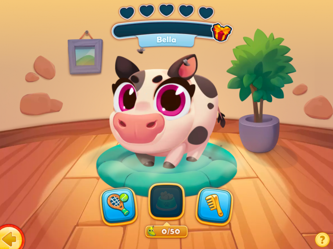 Barn Buddies screen in Farm Heroes Saga. Cartoon cow named Bella stands on a cushion in a cozy room with wooden floors, surrounded by buttons for actions like feeding and grooming. A heart meter is displayed at the top.