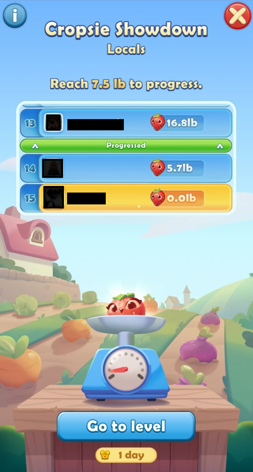 Schermata della classifica di Farm Heroes Saga che mostra l'evento Sfida delle Colture, con i punteggi dei giocatori e un pulsante “Vai al livello”.