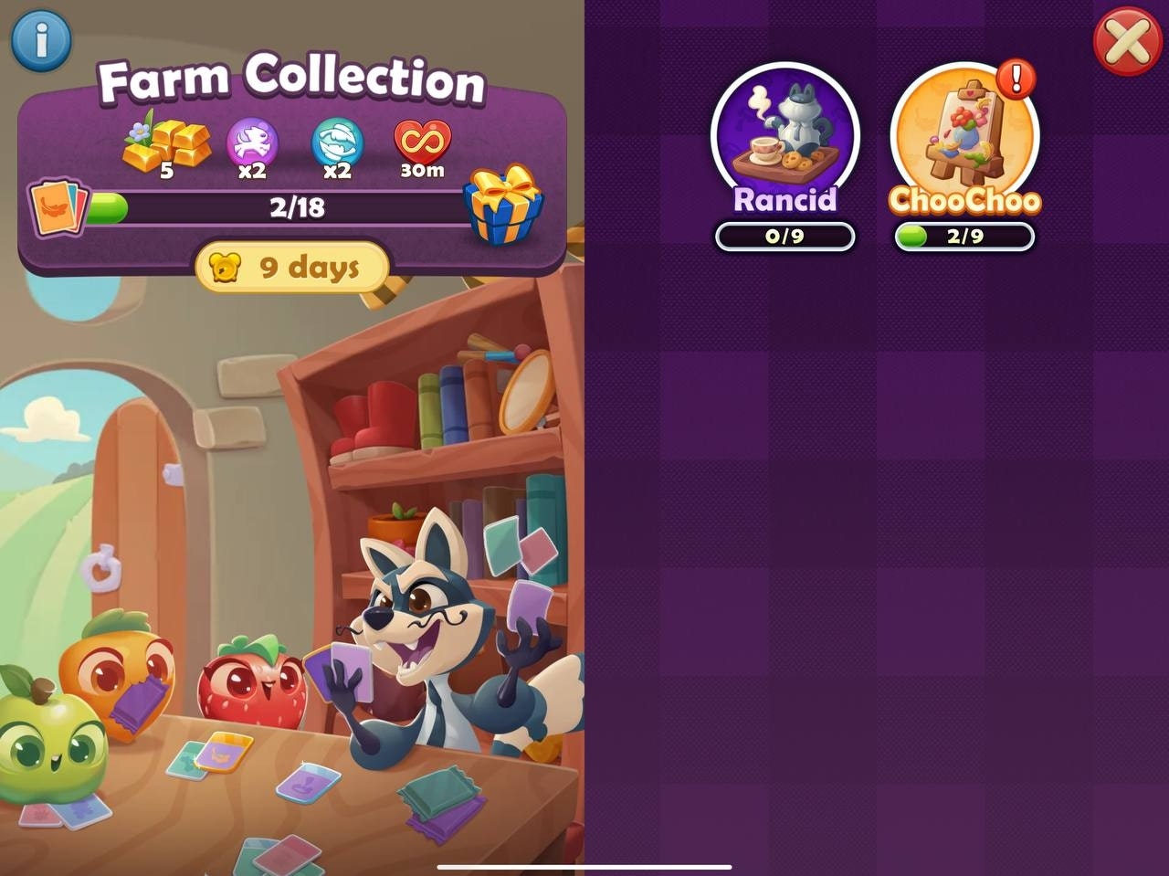 Skærm fra Farm Heroes Saga for samlingsbegivenheden, der viser fremskridtsbelønninger, en 9-dages timer og to karakterkort: Rancid på 0/9 og ChooChoo på 2/9. Baggrunden viser glade aflinger og Den Vanvittige Vaskebjørn, der spiller kort i et hyggeligt gårdrum.